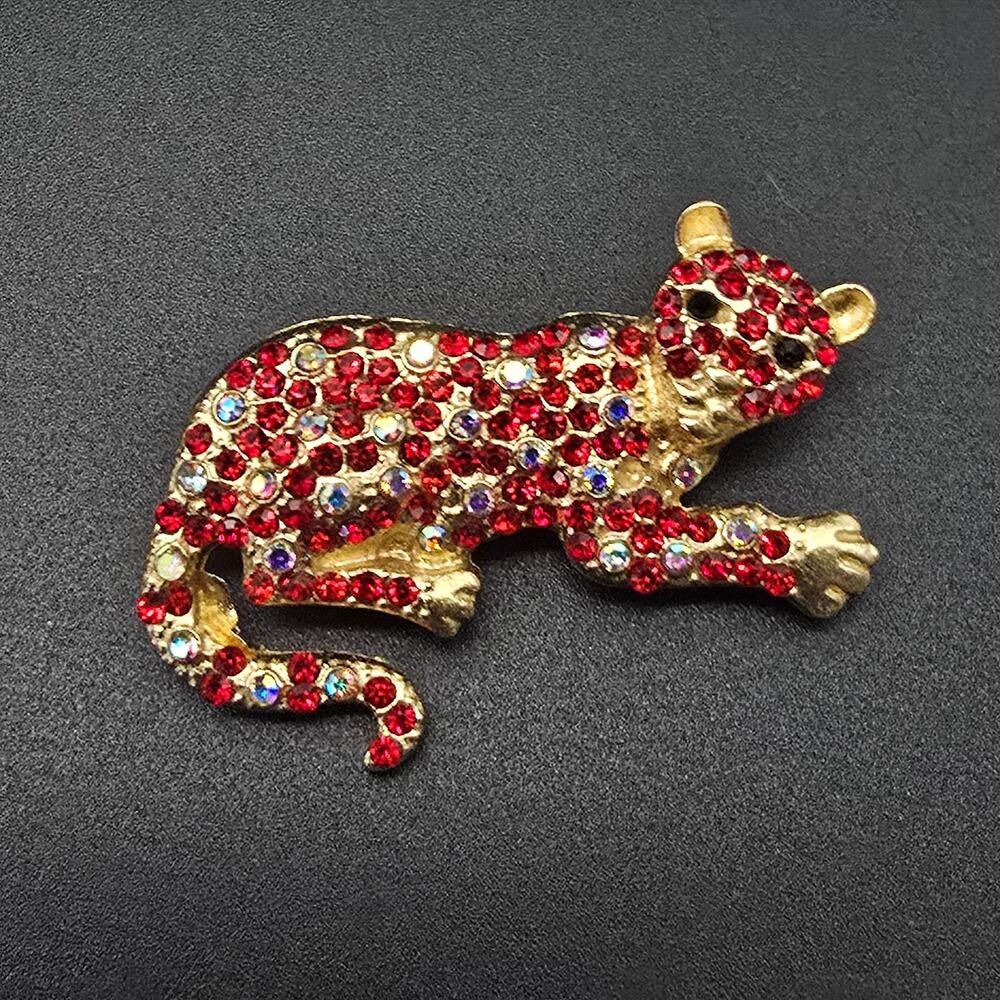 Red Rhinestone Panther Leopard Brooch Big Cat Red Eyes
